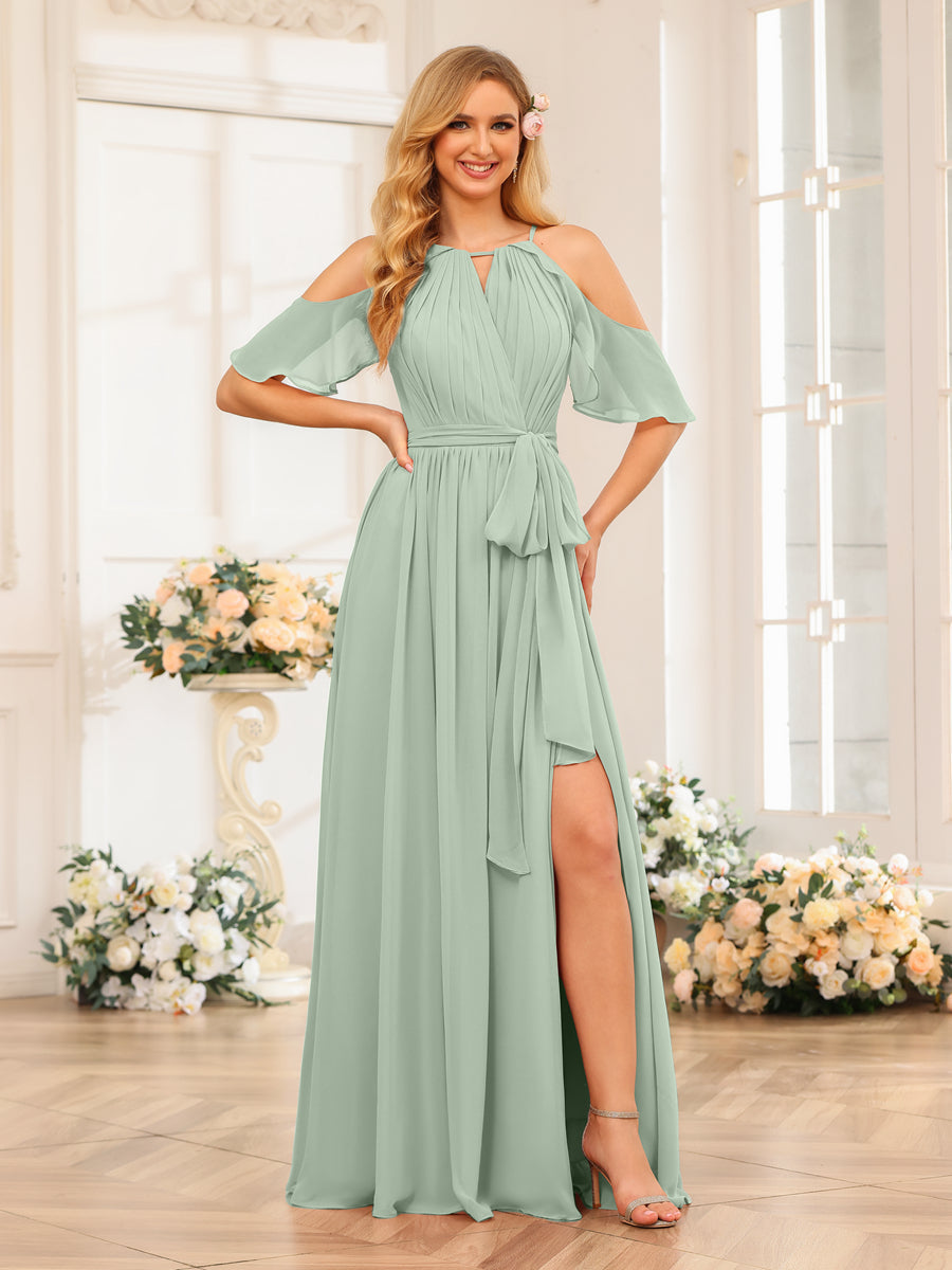 A-Line/Princess Halter Long Wedding Party Dresses with Split Side & Sash Sage