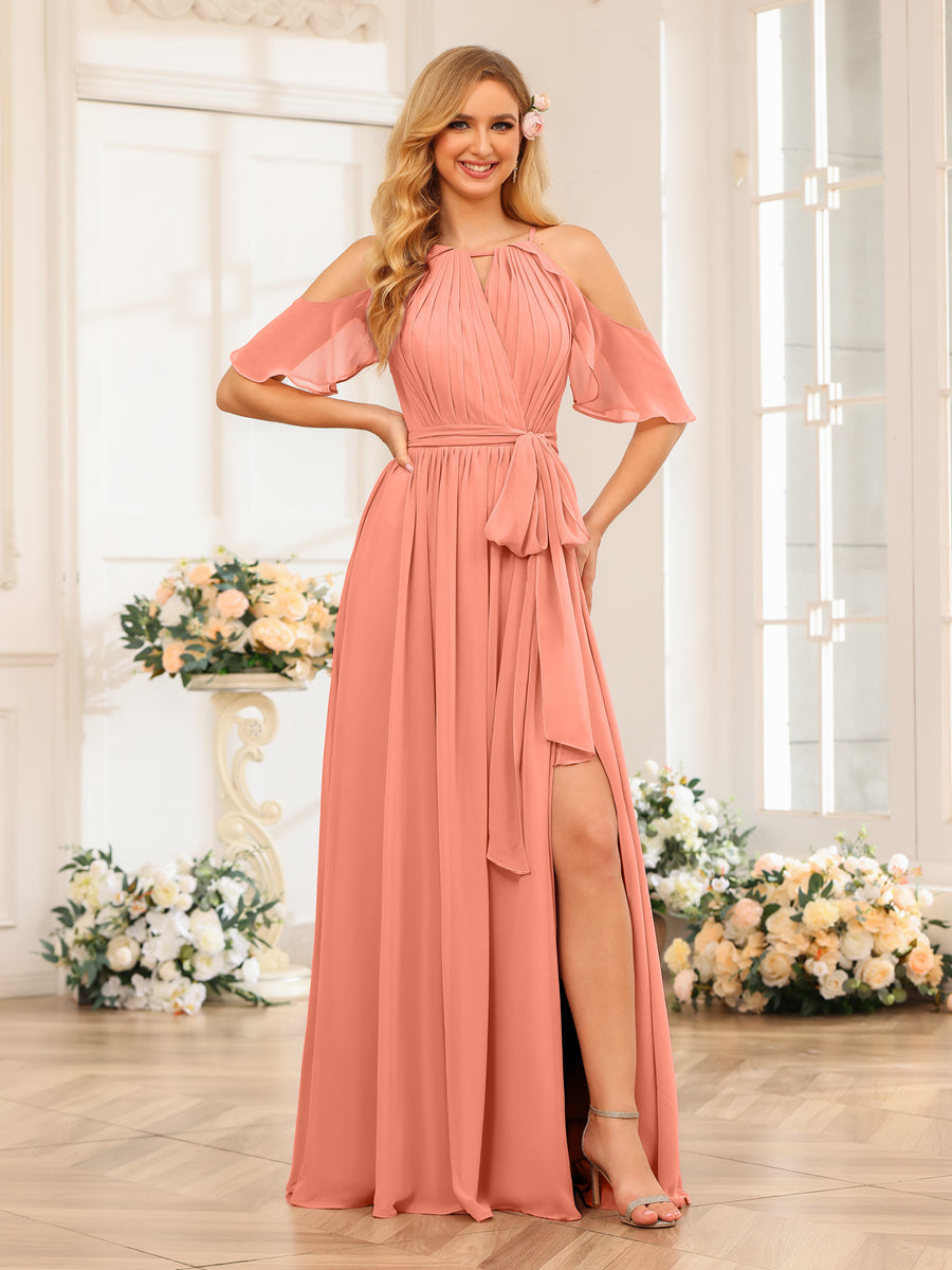 A-Line/Princess Halter Long Wedding Party Dresses with Split Side & Sash Salmon