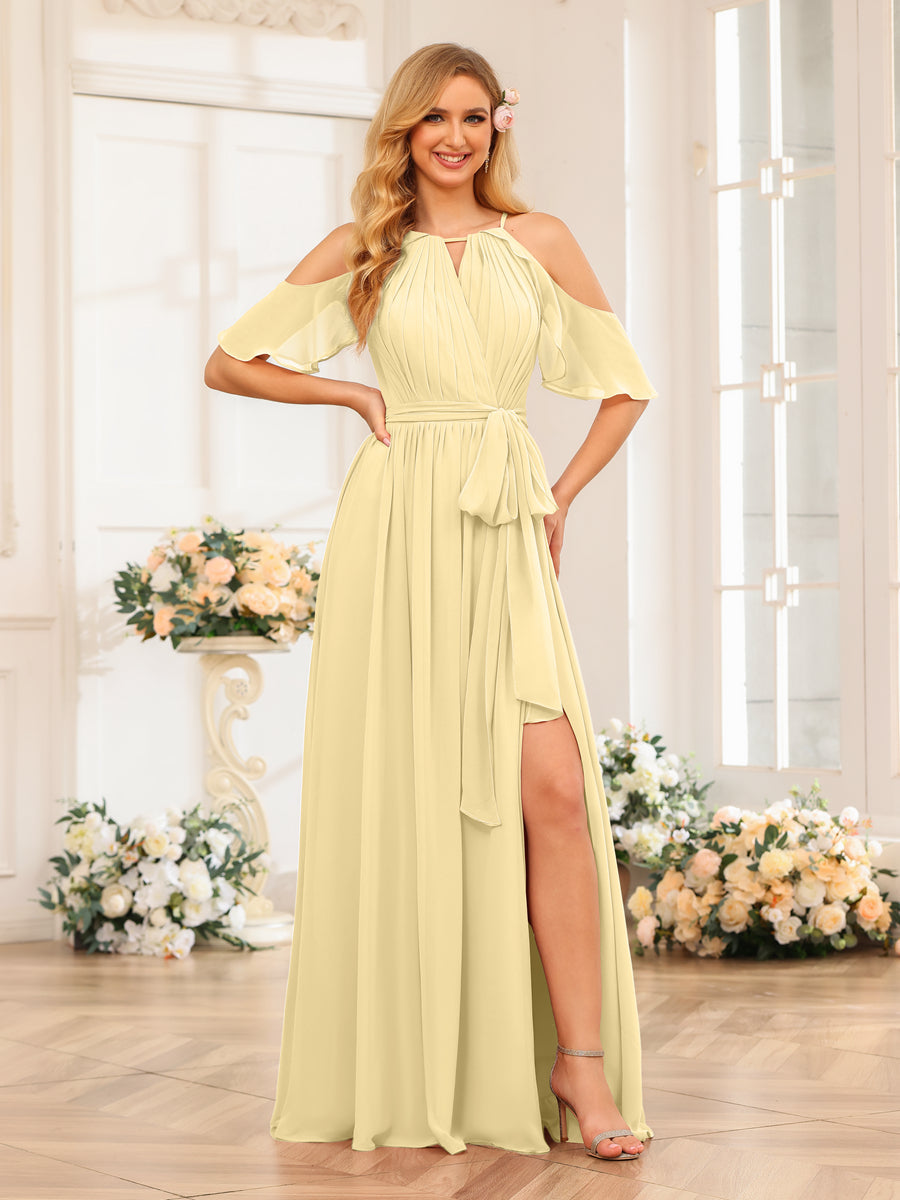 A-Line/Princess Halter Long Wedding Party Dresses with Split Side & Sash Yellow