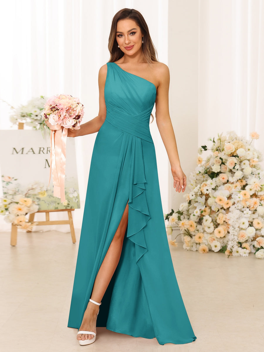 A-Line/Princess One-Shoulder Long Bridesmaid Dresses with Split Side Aqua Blue