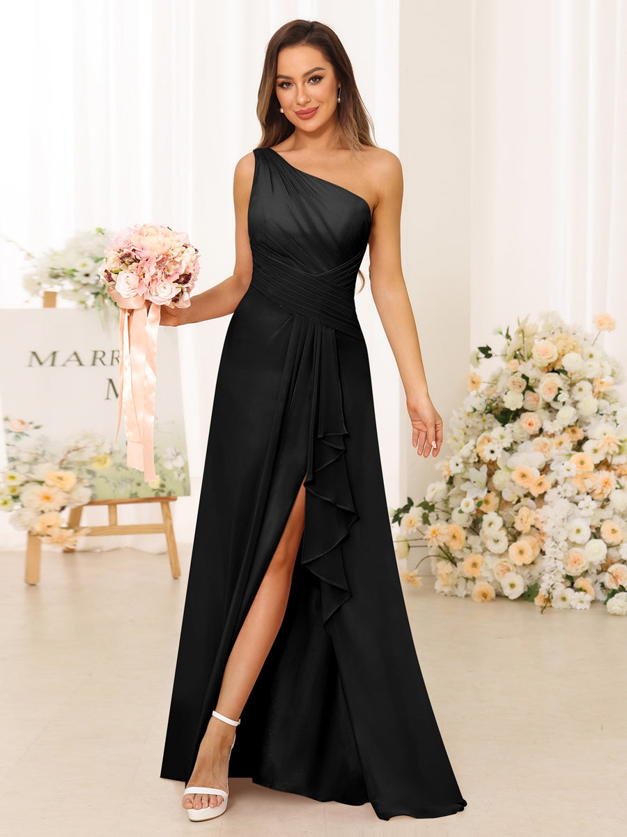 A-Line/Princess One-Shoulder Long Bridesmaid Dresses with Split Side Black