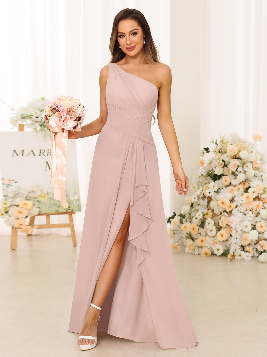 A-Line/Princess One-Shoulder Long Bridesmaid Dresses with Split Side Blush Pink
