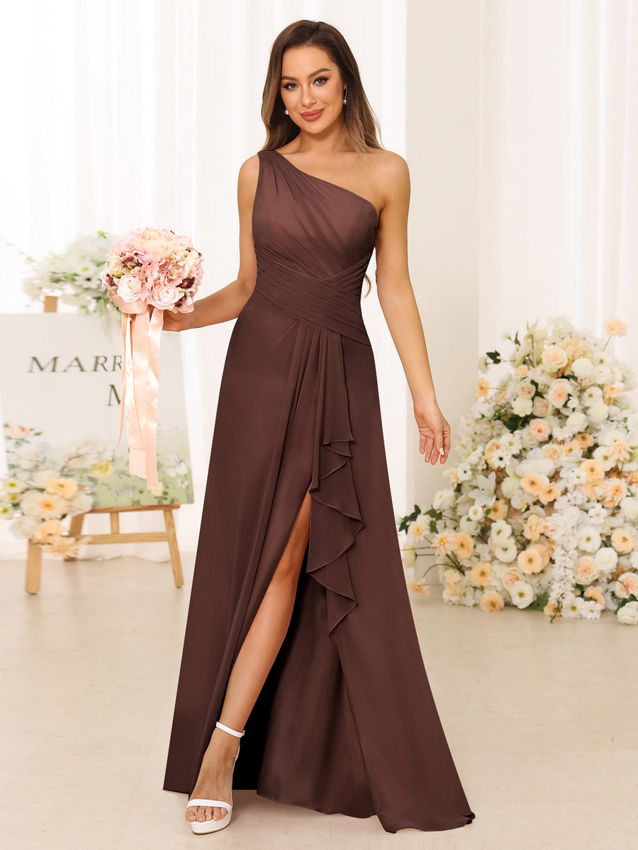 A-Line/Princess One-Shoulder Long Bridesmaid Dresses with Split Side Brown