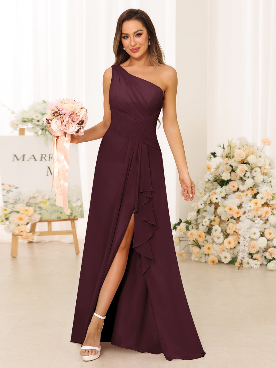 A-Line/Princess One-Shoulder Long Bridesmaid Dresses with Split Side Burgundy