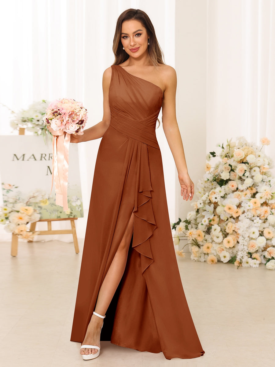 A-Line/Princess One-Shoulder Long Bridesmaid Dresses with Split Side Burnt Orange