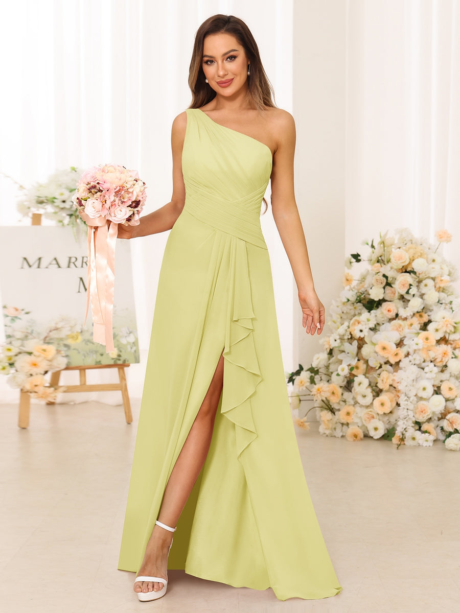 A-Line/Princess One-Shoulder Long Bridesmaid Dresses with Split Side Canary