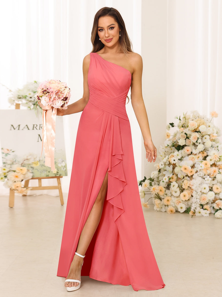A-Line/Princess One-Shoulder Long Bridesmaid Dresses with Split Side Coral