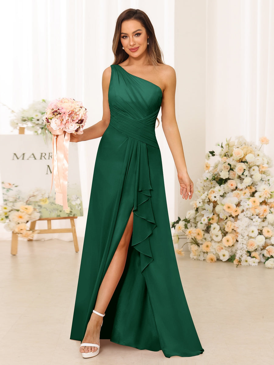 A-Line/Princess One-Shoulder Long Bridesmaid Dresses with Split Side Dark Green