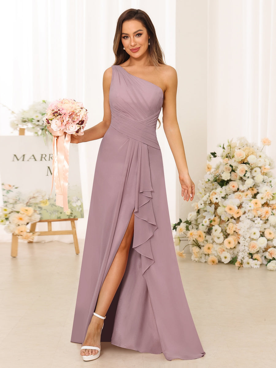 A-Line/Princess One-Shoulder Long Bridesmaid Dresses with Split Side Dusty Pink