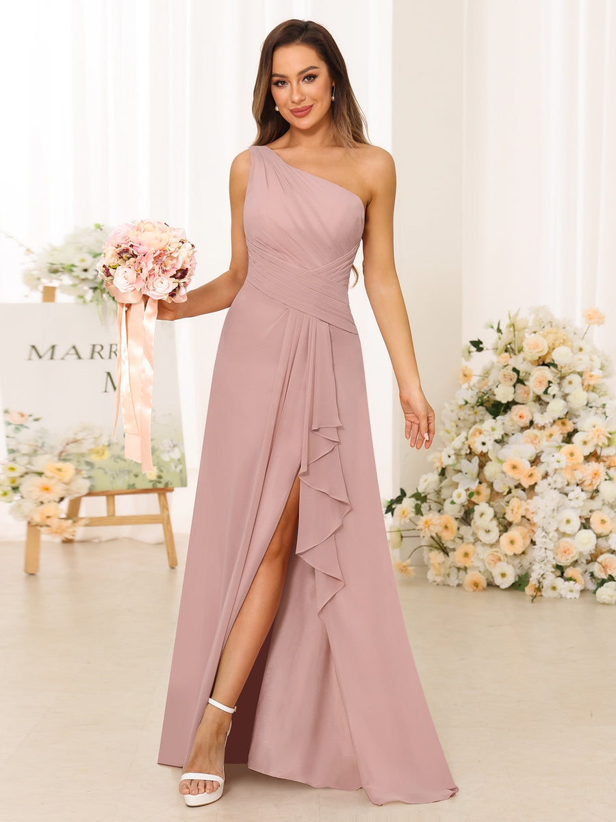 A-Line/Princess One-Shoulder Long Bridesmaid Dresses with Split Side Dusty Rose