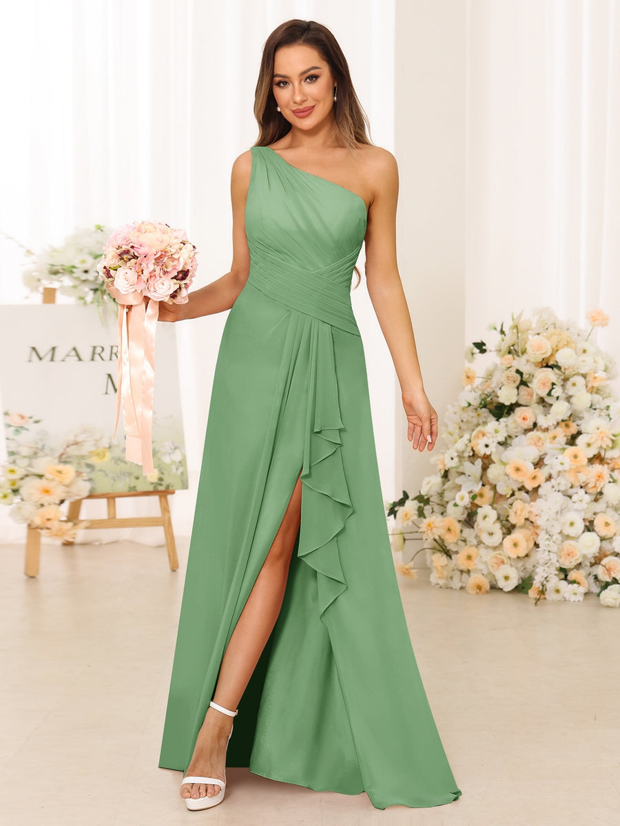 A-Line/Princess One-Shoulder Long Bridesmaid Dresses with Split Side Dusty Sage
