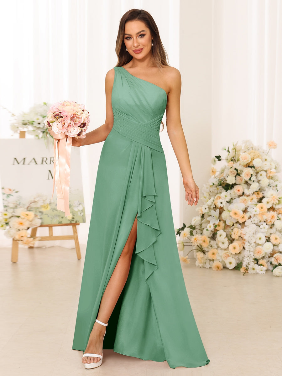 A-Line/Princess One-Shoulder Long Bridesmaid Dresses with Split Side Eucalyptus
