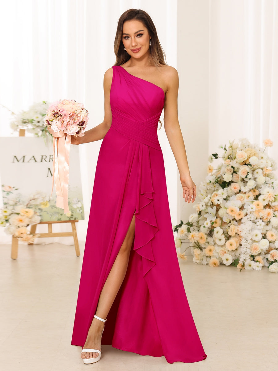 A-Line/Princess One-Shoulder Long Bridesmaid Dresses with Split Side Fuchsia