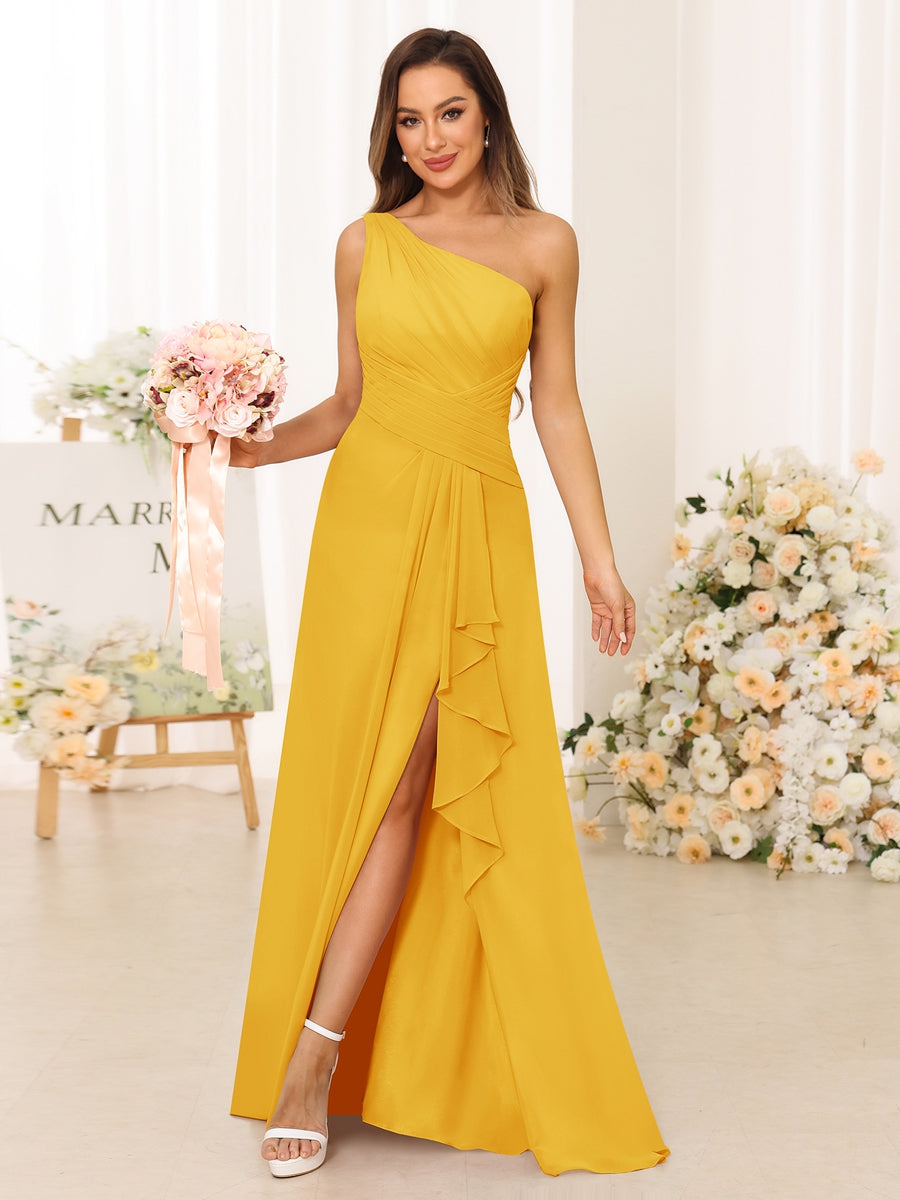 A-Line/Princess One-Shoulder Long Bridesmaid Dresses with Split Side Gold