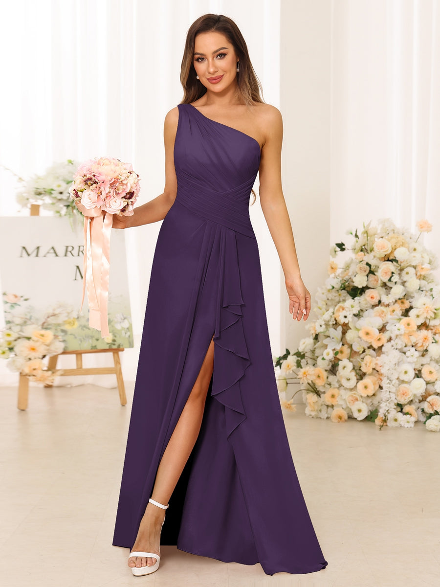 A-Line/Princess One-Shoulder Long Bridesmaid Dresses with Split Side Grape