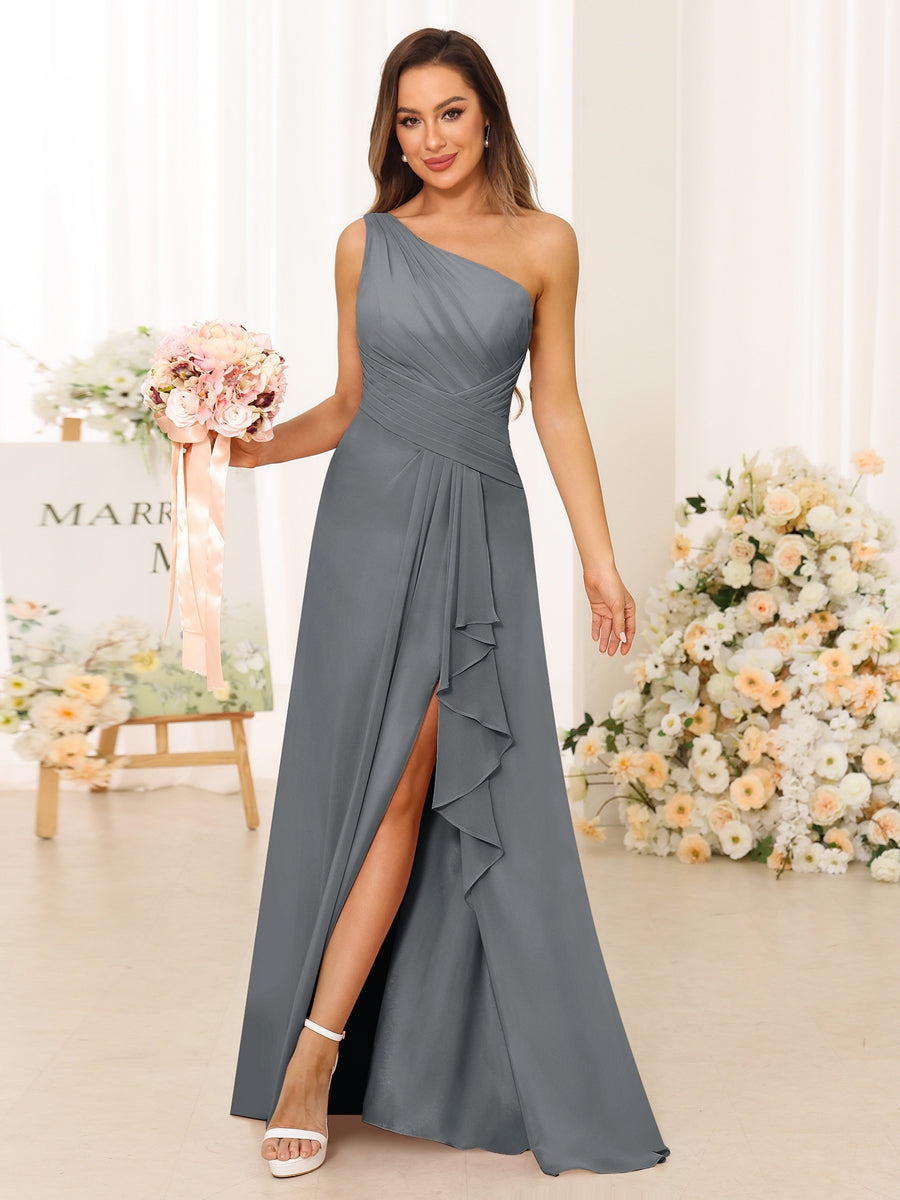 A-Line/Princess One-Shoulder Long Bridesmaid Dresses with Split Side Gray