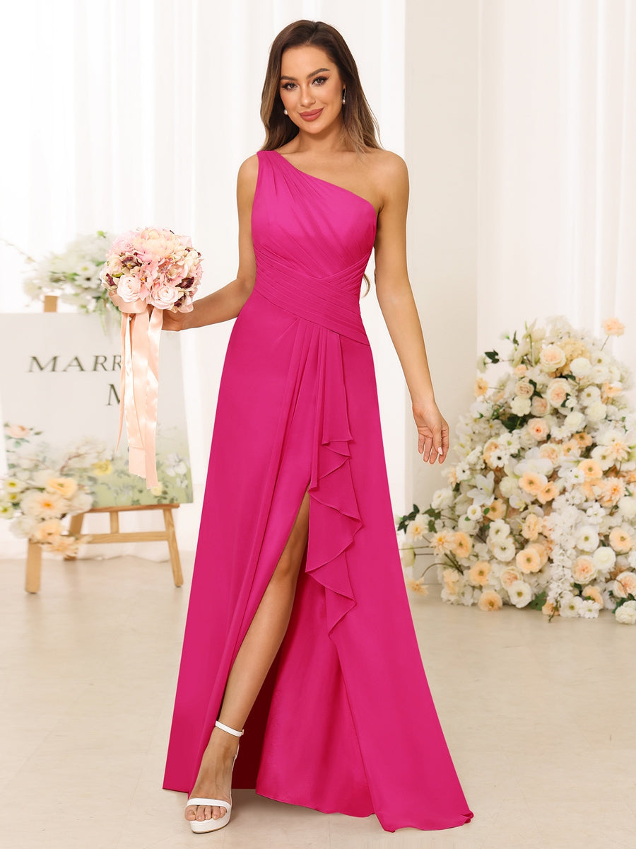 A-Line/Princess One-Shoulder Long Bridesmaid Dresses with Split Side Hot Pink