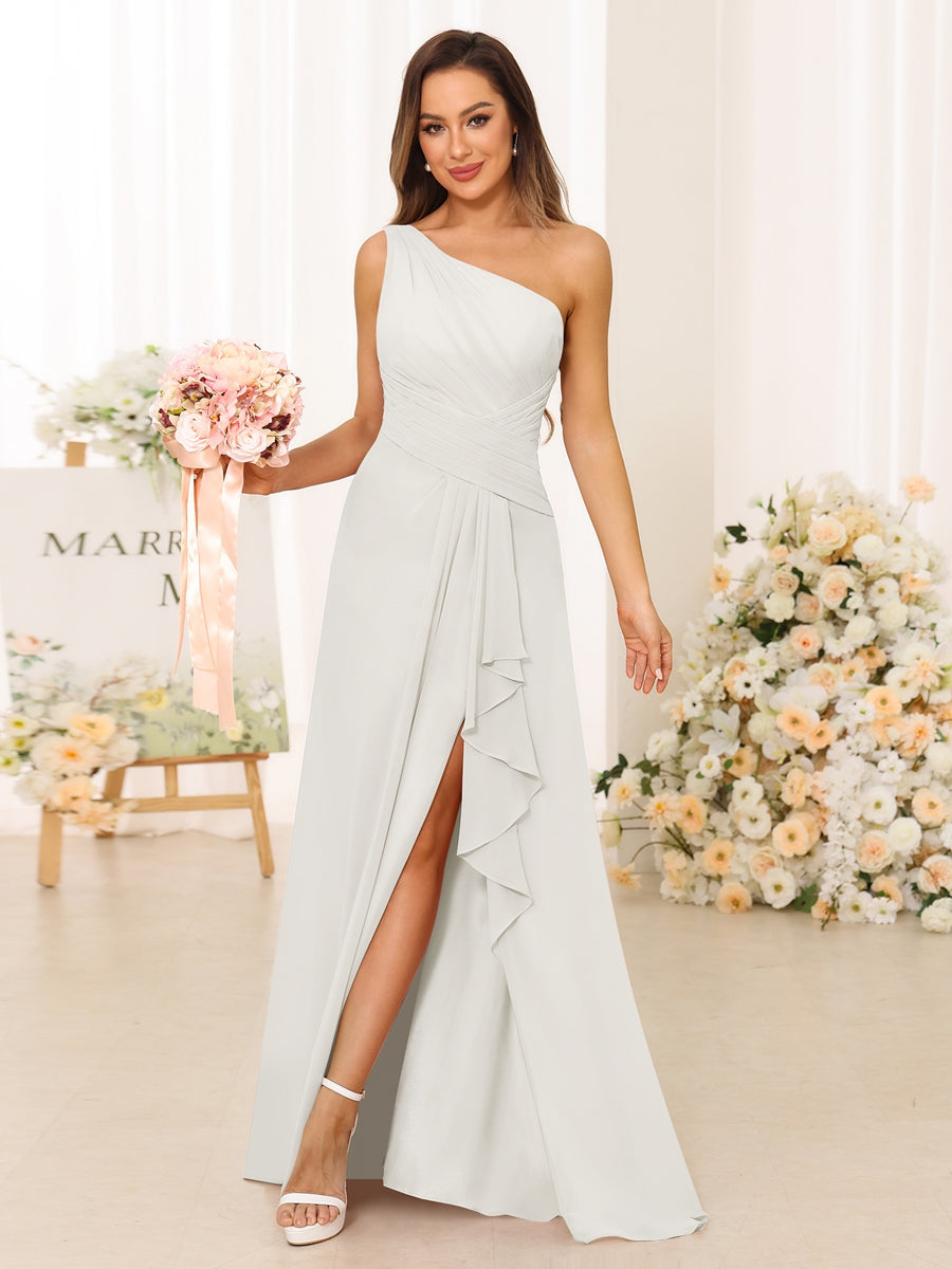 A-Line/Princess One-Shoulder Long Bridesmaid Dresses with Split Side Ivory