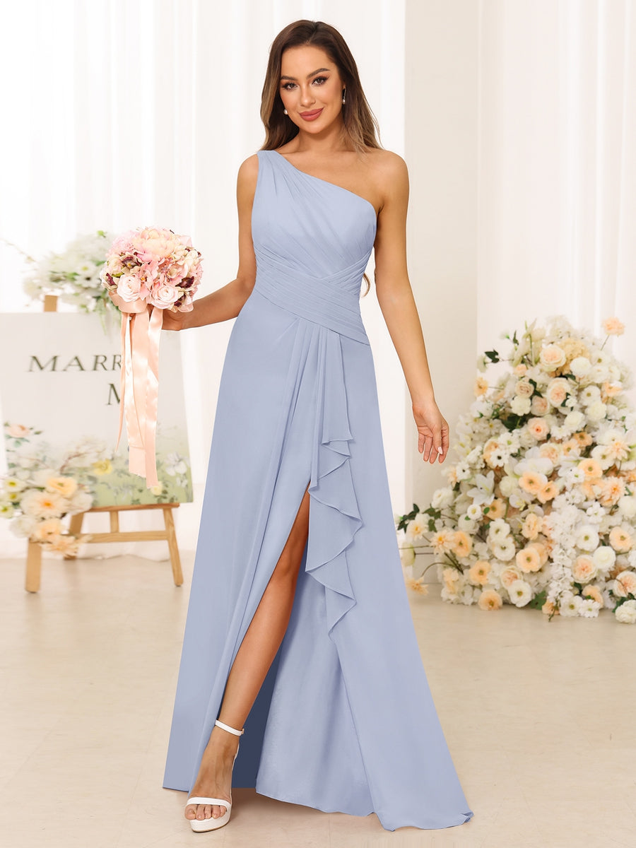 A-Line/Princess One-Shoulder Long Bridesmaid Dresses with Split Side Lavender