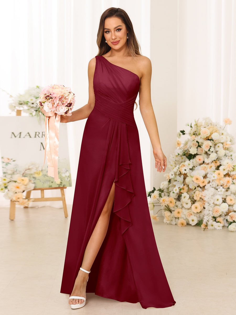 A-Line/Princess One-Shoulder Long Bridesmaid Dresses with Split Side Light Burgundy