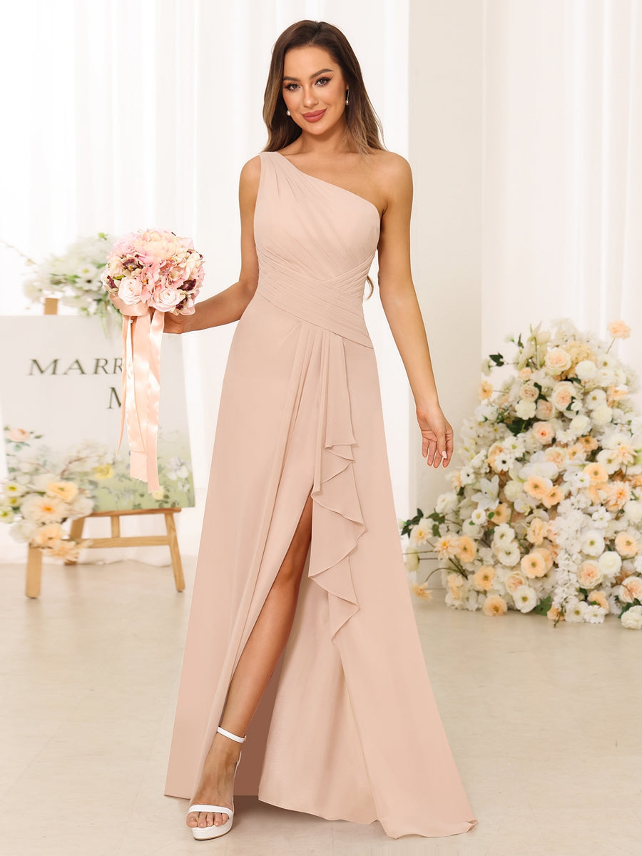 A-Line/Princess One-Shoulder Long Bridesmaid Dresses with Split Side Light Champagne