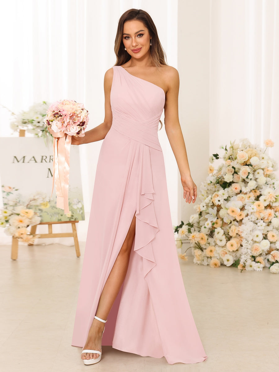 A-Line/Princess One-Shoulder Long Bridesmaid Dresses with Split Side Light Pink