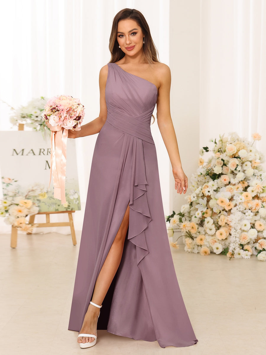 A-Line/Princess One-Shoulder Long Bridesmaid Dresses with Split Side Mauve
