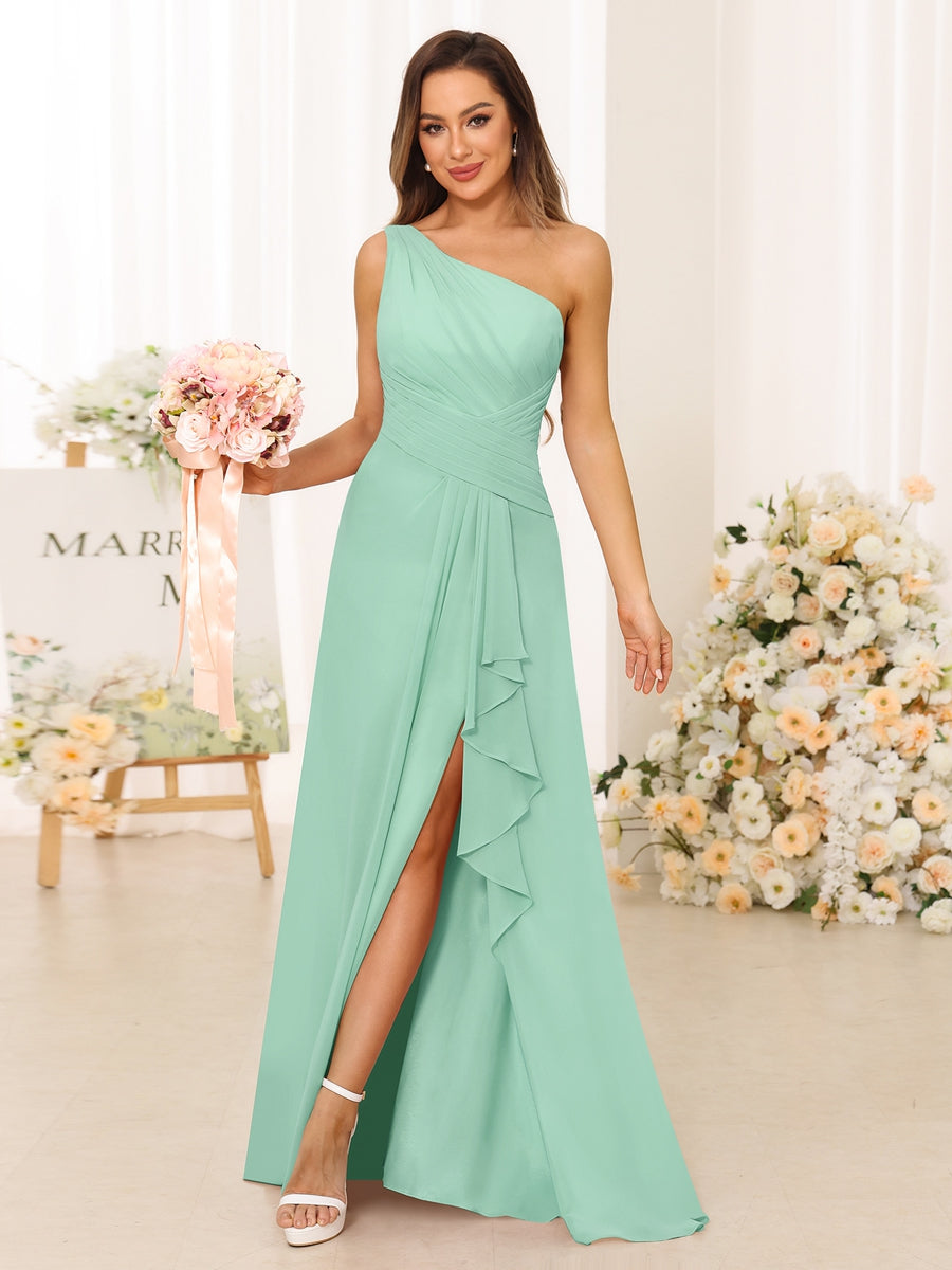 A-Line/Princess One-Shoulder Long Bridesmaid Dresses with Split Side Mint Green