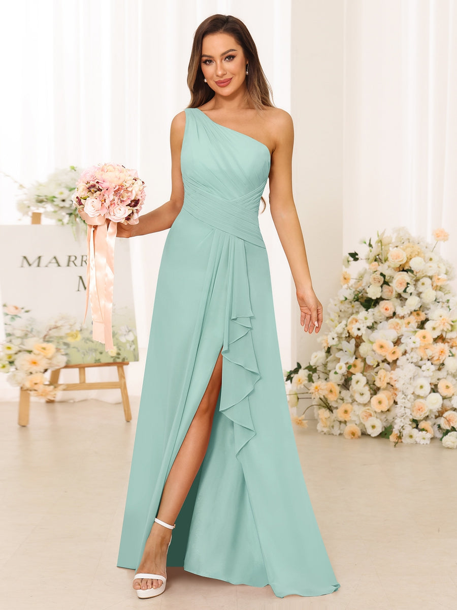 A-Line/Princess One-Shoulder Long Bridesmaid Dresses with Split Side Mist Blue