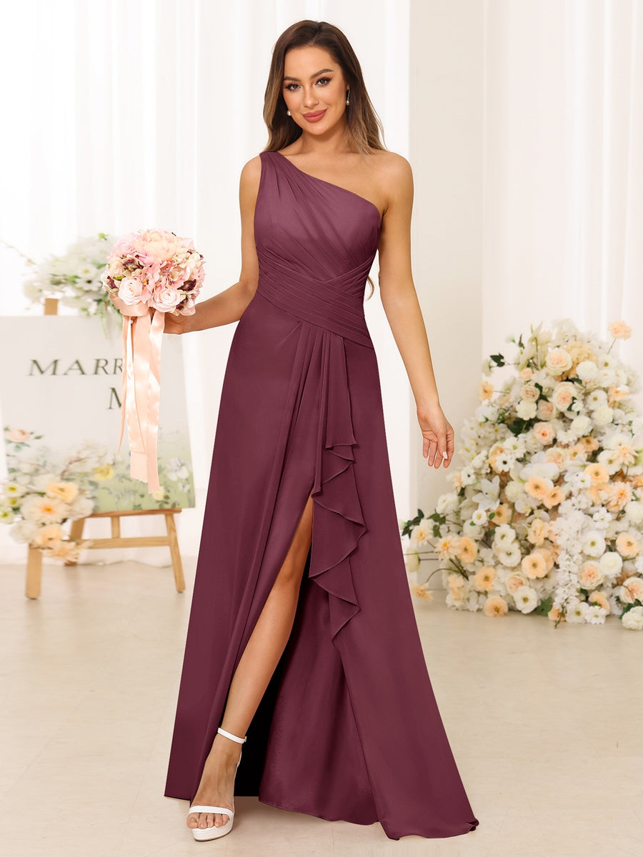 A-Line/Princess One-Shoulder Long Bridesmaid Dresses with Split Side Mulberry