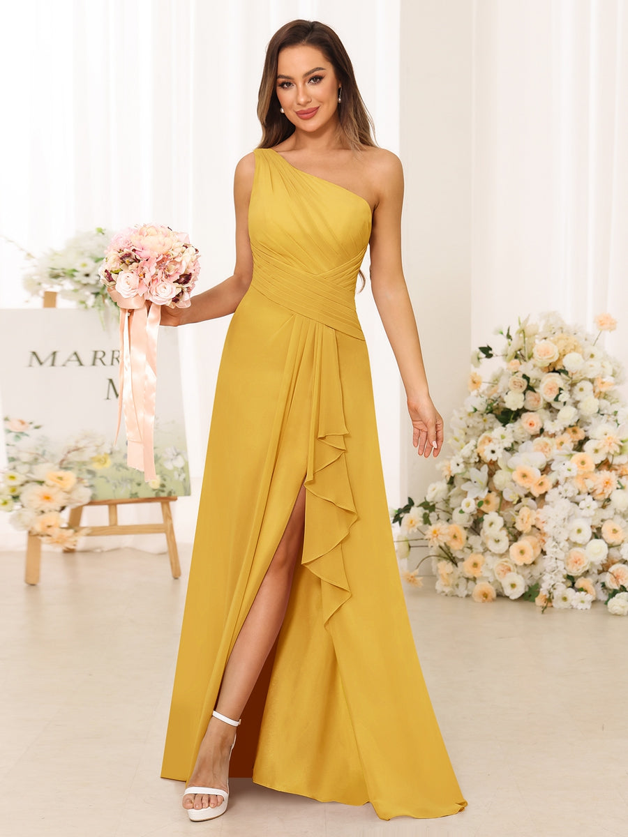 A-Line/Princess One-Shoulder Long Bridesmaid Dresses with Split Side Mustard Yellow