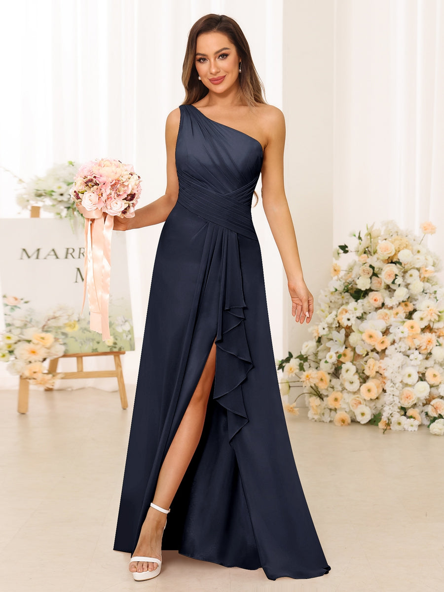 A-Line/Princess One-Shoulder Long Bridesmaid Dresses with Split Side Navy Blue