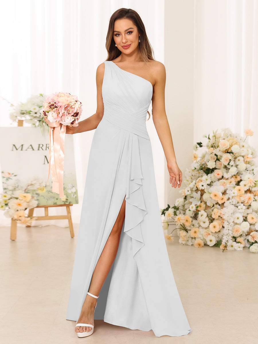 A-Line/Princess One-Shoulder Long Bridesmaid Dresses with Split Side Off White