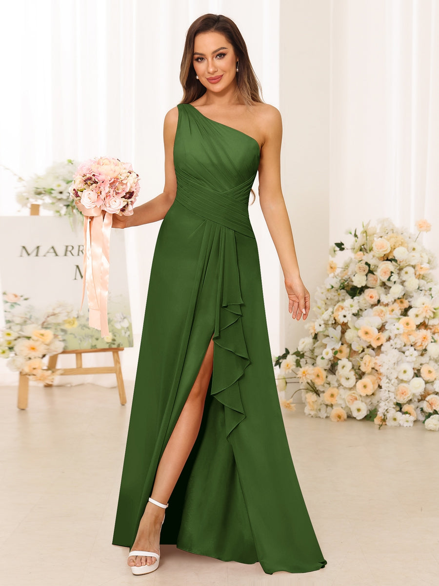 A-Line/Princess One-Shoulder Long Bridesmaid Dresses with Split Side Olive Green