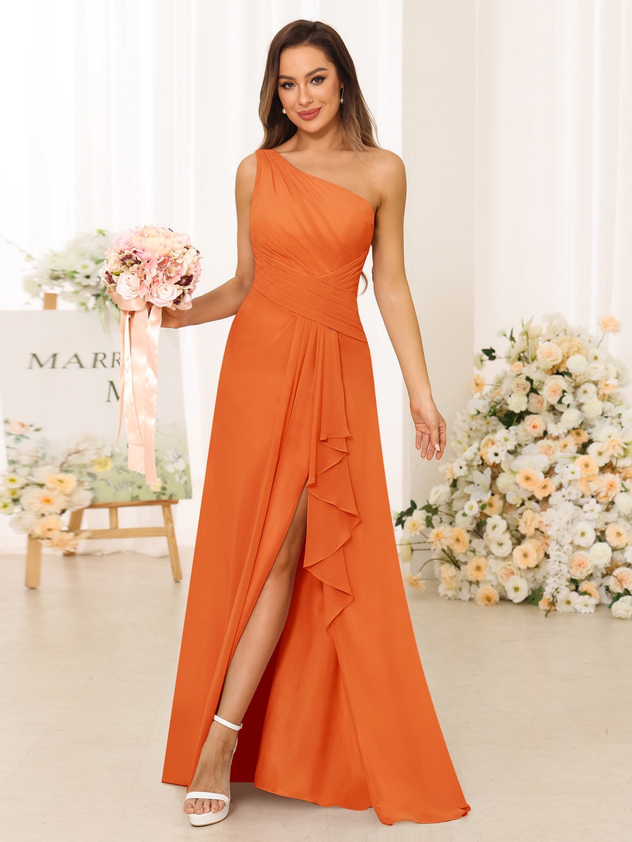 A-Line/Princess One-Shoulder Long Bridesmaid Dresses with Split Side Orange