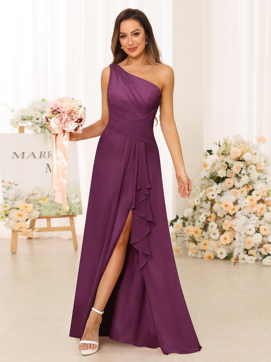 A-Line/Princess One-Shoulder Long Bridesmaid Dresses with Split Side Orchid