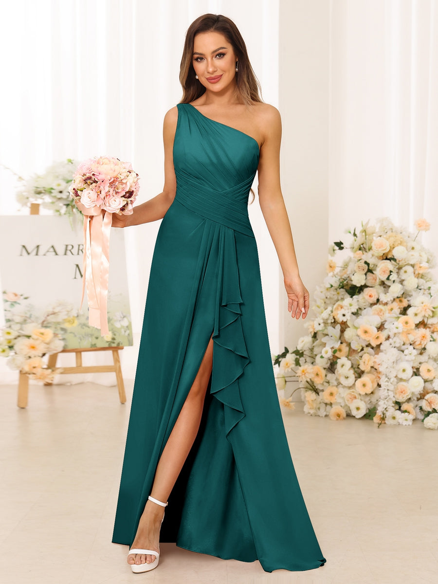 A-Line/Princess One-Shoulder Long Bridesmaid Dresses with Split Side Peacock