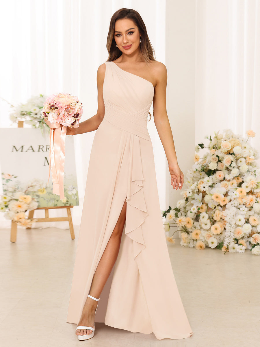 A-Line/Princess One-Shoulder Long Bridesmaid Dresses with Split Side Pearl Pink