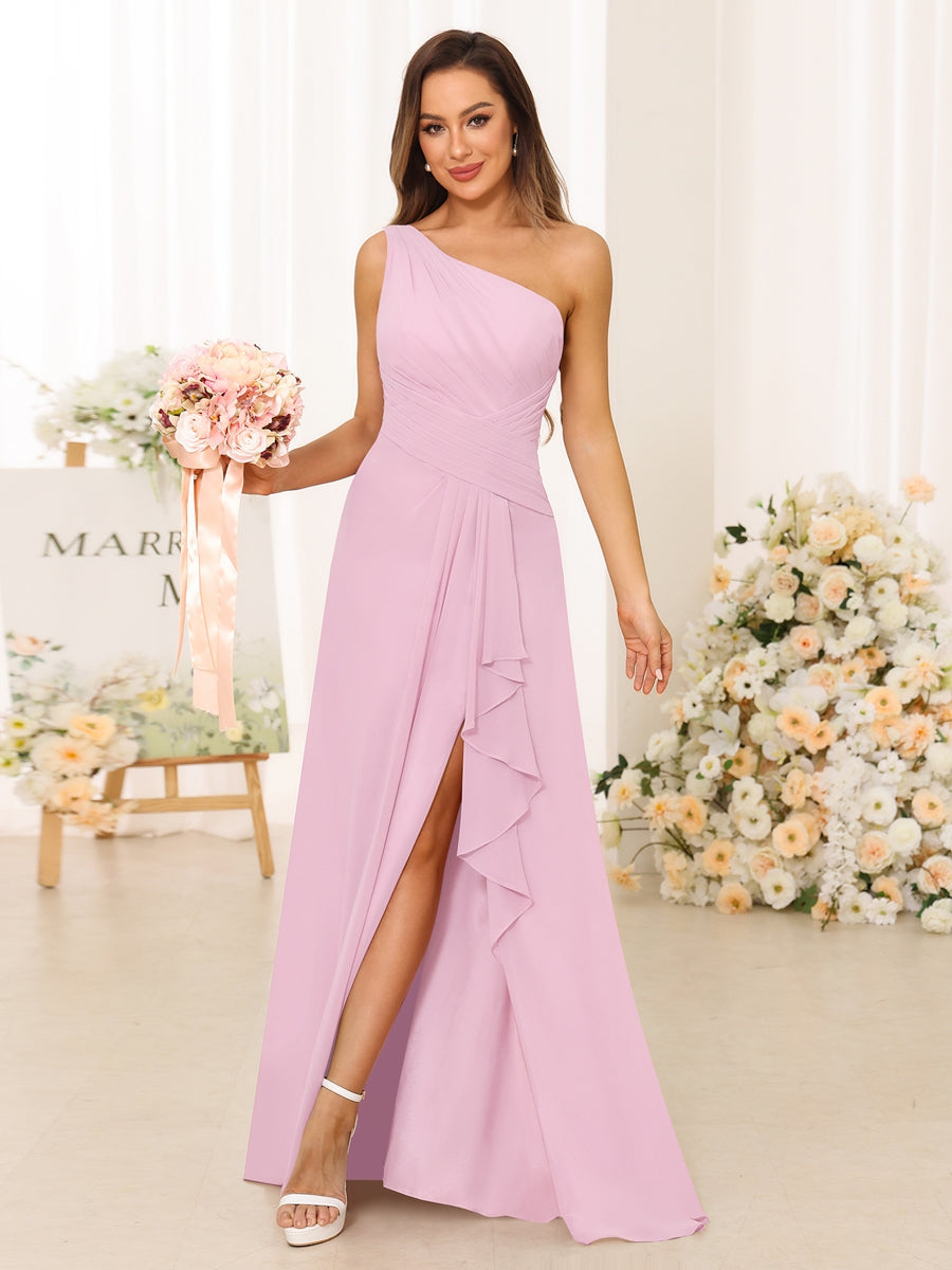 A-Line/Princess One-Shoulder Long Bridesmaid Dresses with Split Side Pink