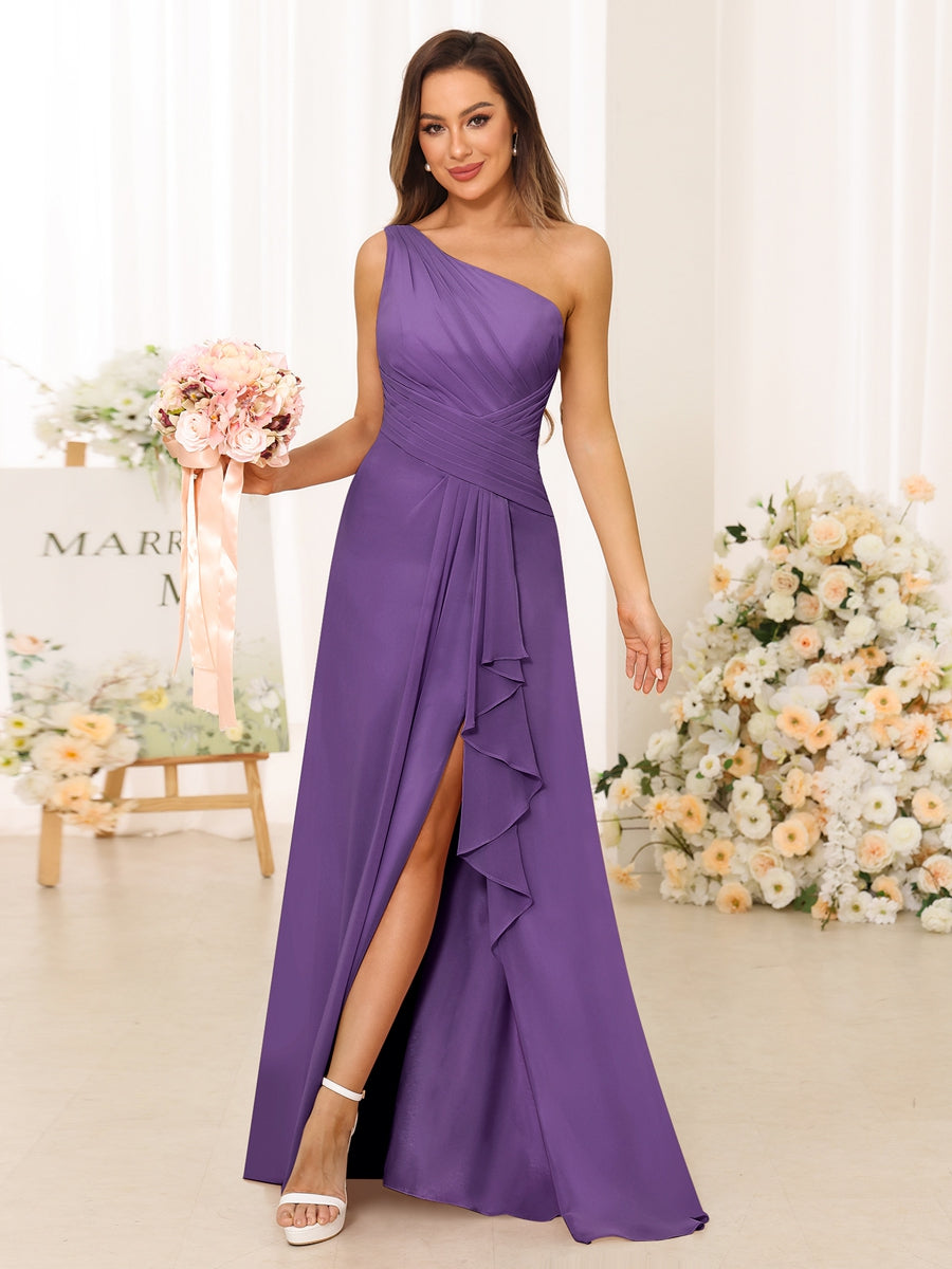 A-Line/Princess One-Shoulder Long Bridesmaid Dresses with Split Side Purple