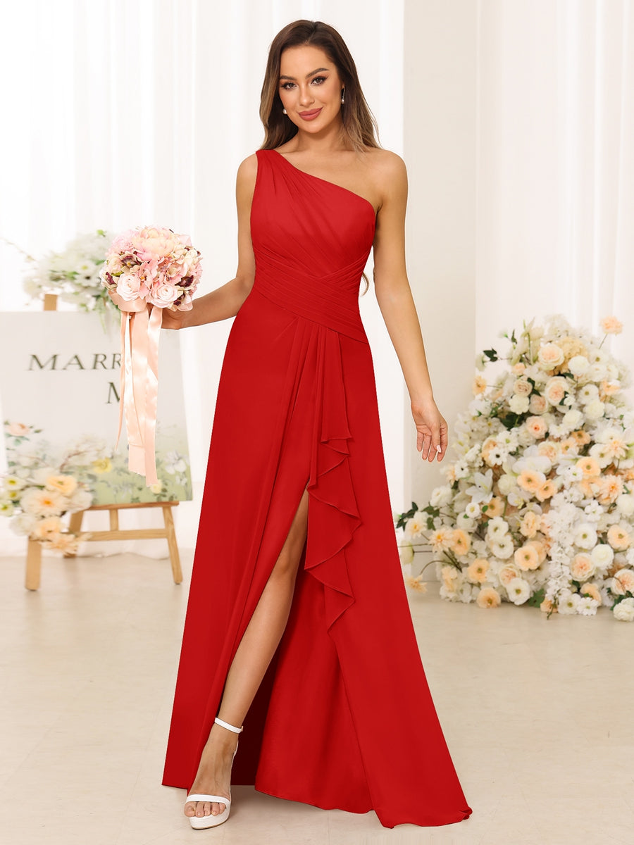 A-Line/Princess One-Shoulder Long Bridesmaid Dresses with Split Side Red