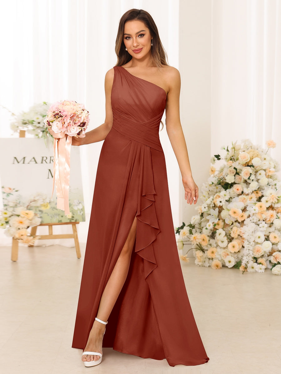 A-Line/Princess One-Shoulder Long Bridesmaid Dresses with Split Side Rust