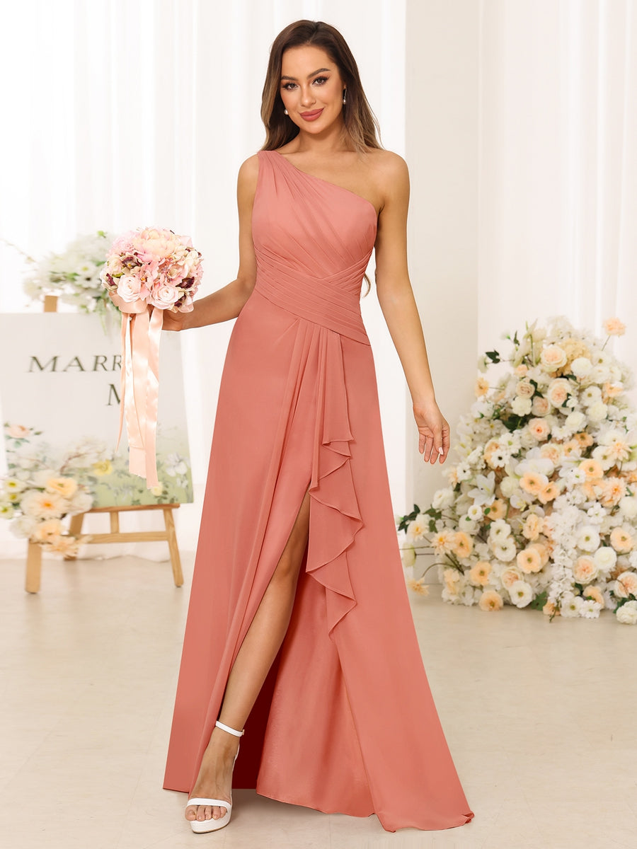 A-Line/Princess One-Shoulder Long Bridesmaid Dresses with Split Side Salmon