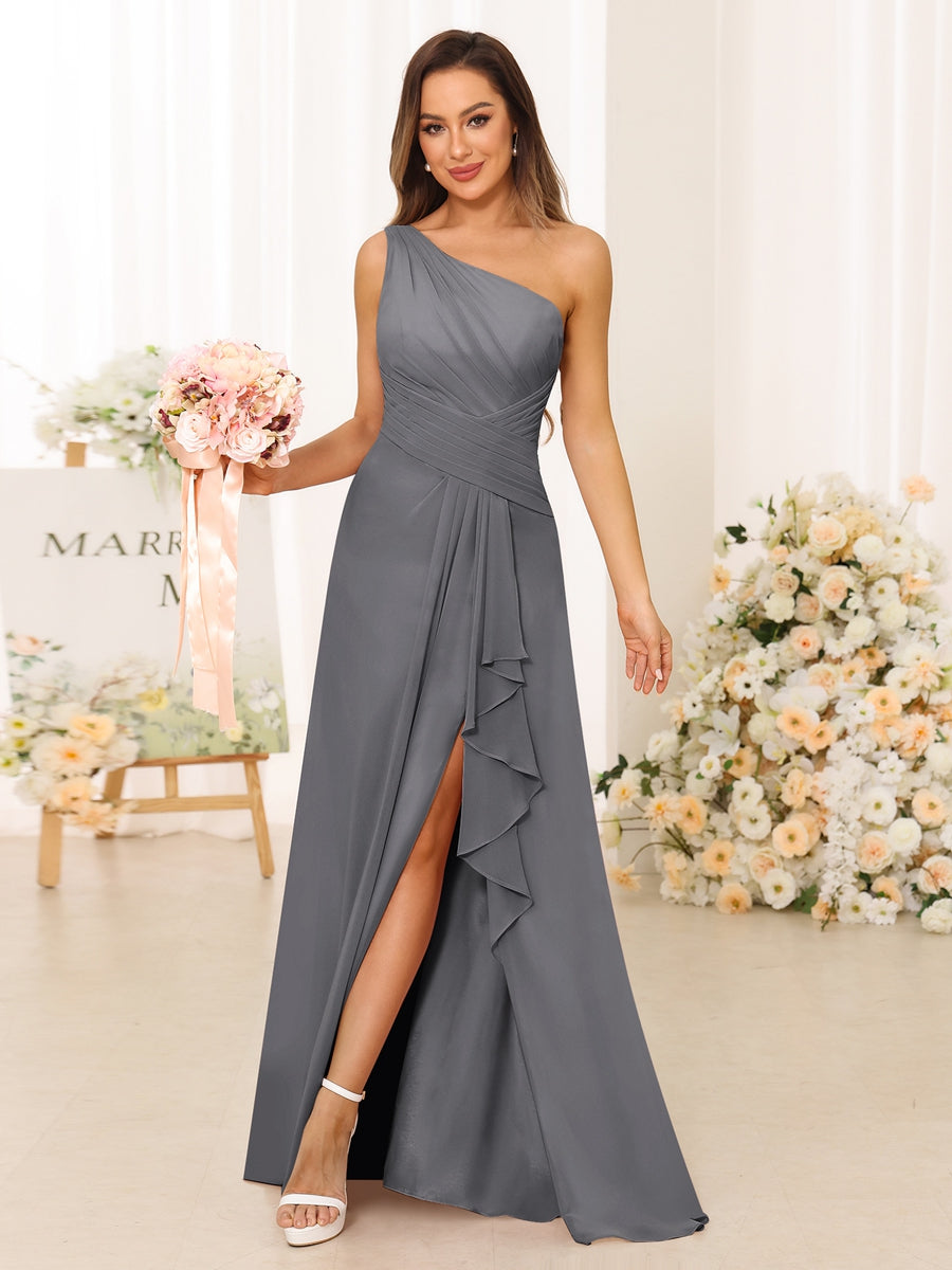 A-Line/Princess One-Shoulder Long Bridesmaid Dresses with Split Side Silver Gray