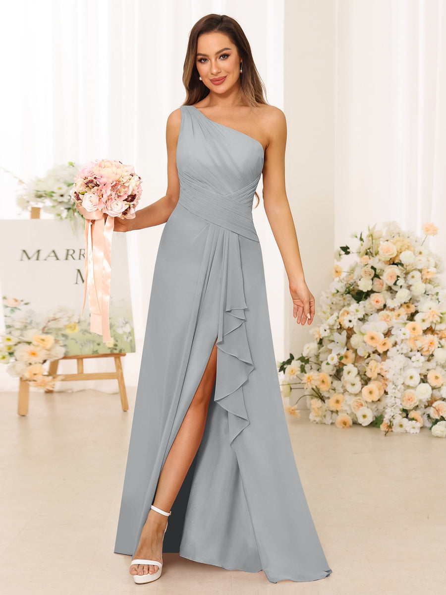A-Line/Princess One-Shoulder Long Bridesmaid Dresses with Split Side Silver
