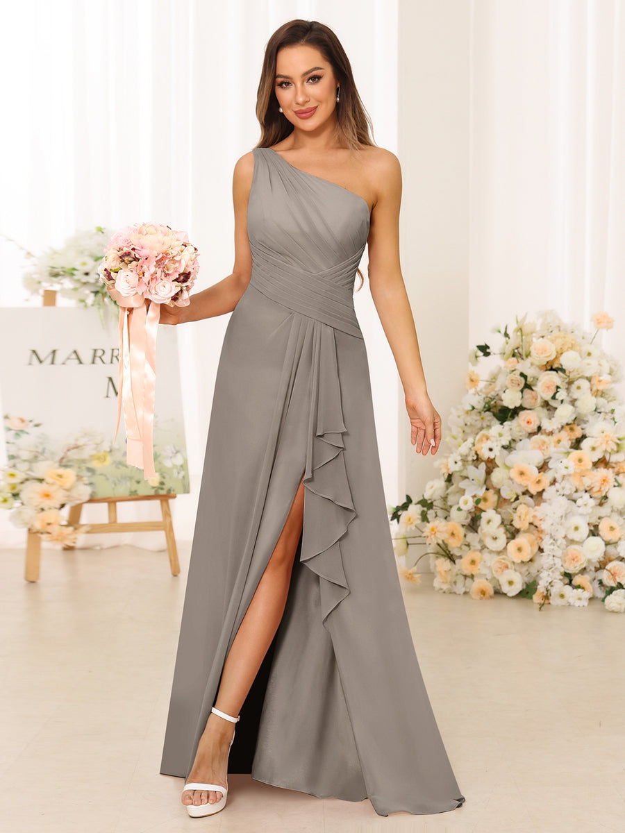 A-Line/Princess One-Shoulder Long Bridesmaid Dresses with Split Side Taupe