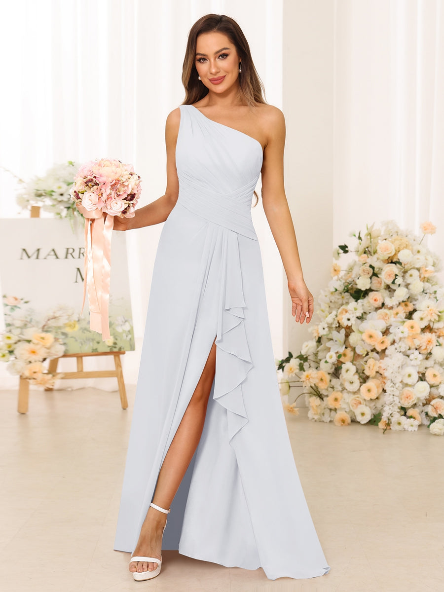 A-Line/Princess One-Shoulder Long Bridesmaid Dresses with Split Side White