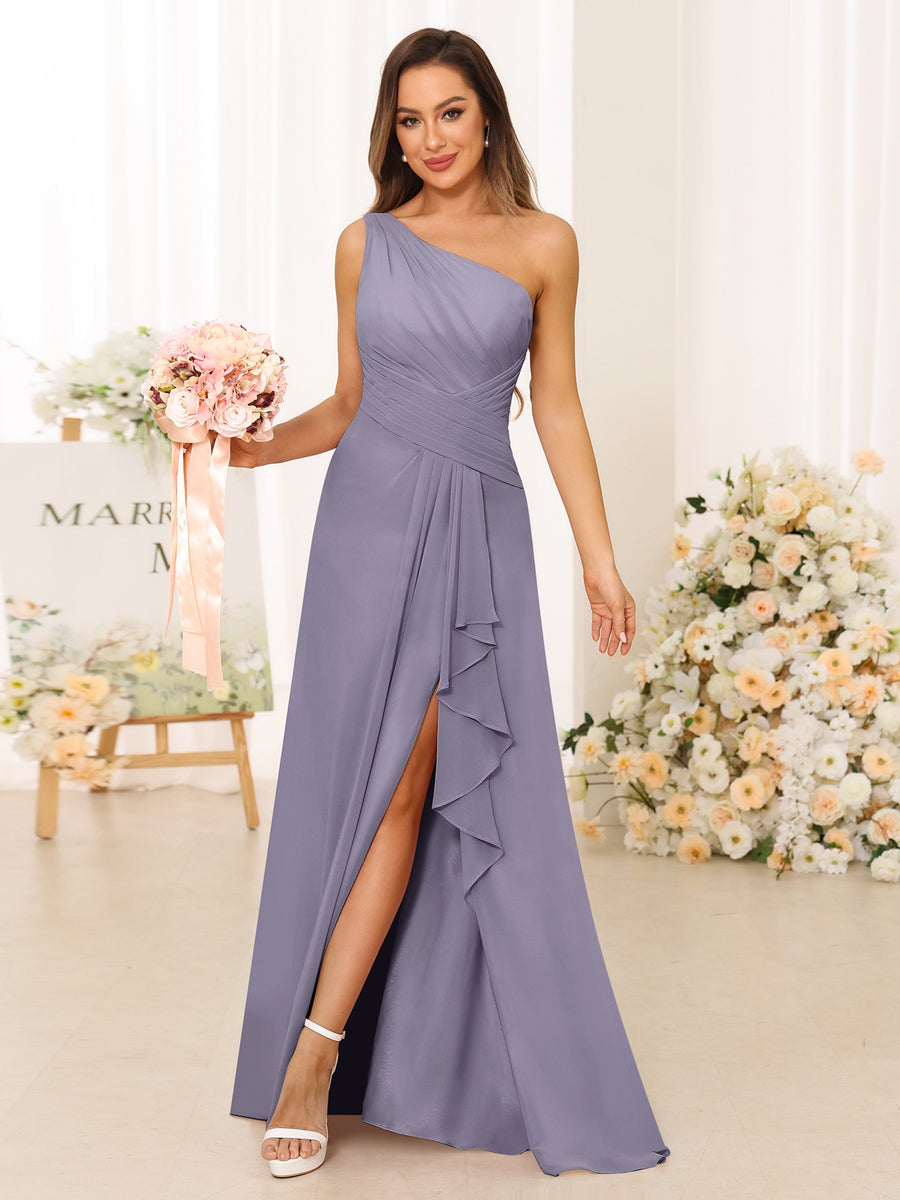 A-Line/Princess One-Shoulder Long Bridesmaid Dresses with Split Side Wisteria