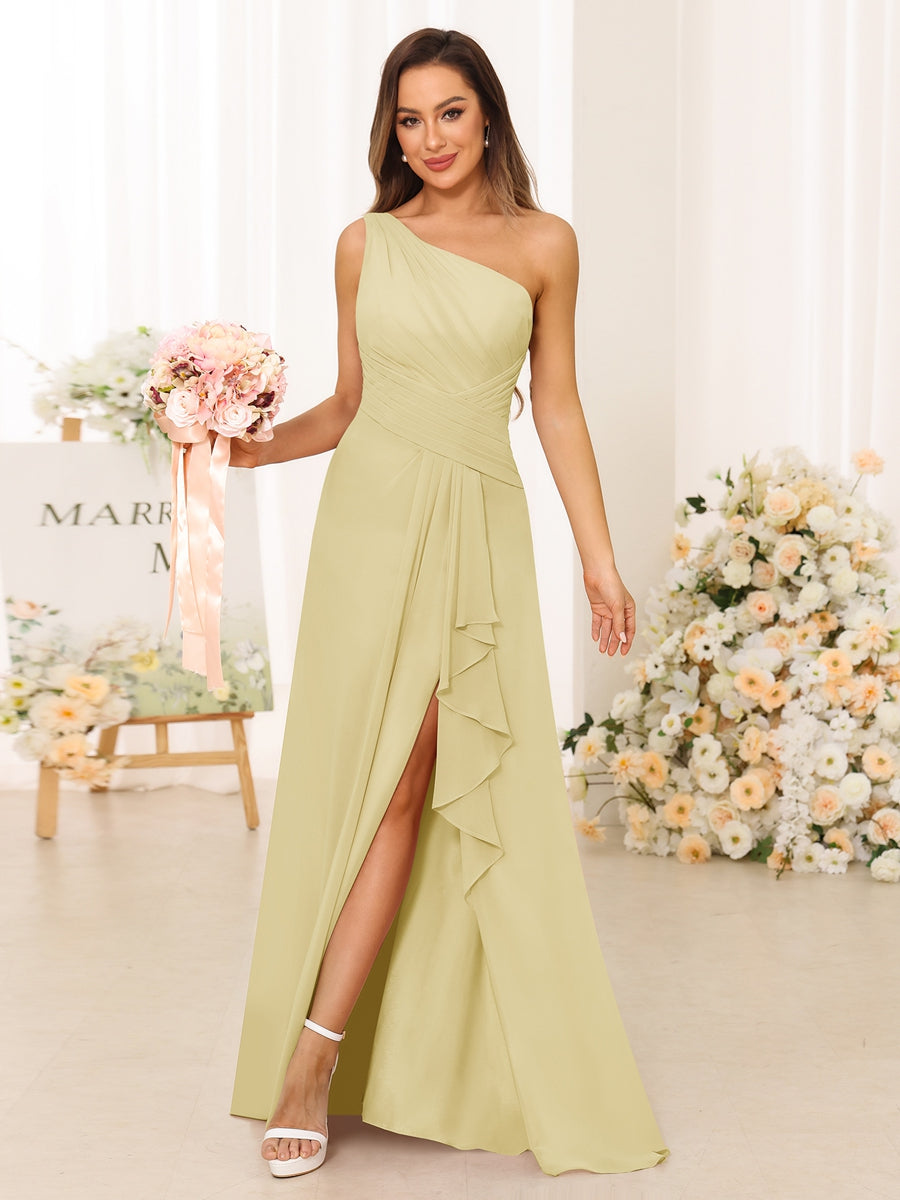 A-Line/Princess One-Shoulder Long Bridesmaid Dresses with Split Side Yellow
