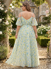 A-Line/Princess Cold Shoulder Short Sleeves Ruched Plus Size Floral Bridesmaid Dresses